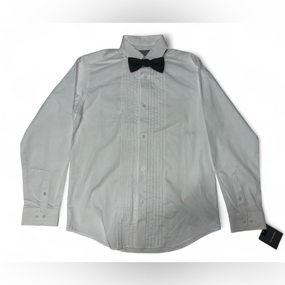 Van Heusen Boys M 10/12 Husky White Tuxedo Shirt & Black Bow Tie Wedding New